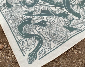 Floral Snake Bandana - Screen Printed - 100% Cotton - Nature Hair Scarf - Tarot Altar Cloth - Boho Tapestry - Botanical Art Nouveau