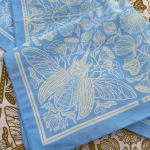 Lotus & Beetle Bandana - Periwinkle - Screen Printed Bandana Pattern - Cotton Bandanas - Botanical Hair Scarf