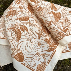 Thicket Bandana - Russet - Screen Print 100% Cotton - Floral Hair Scarf - Boho Altar Cloth - Botanical Nature Art - Rose Chipmunk Rabbit