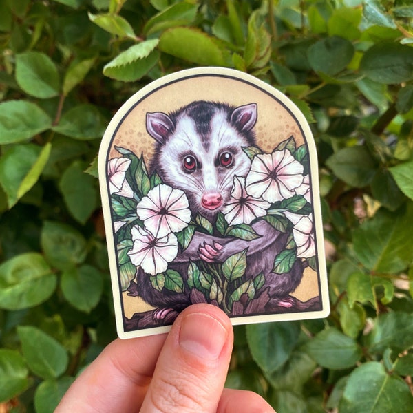 Opossum Sticker - Vinyl 3x2.5 - Botanical Possum Sticker - Floral Nature Design - Waterproof & Durable - Halloween Gift