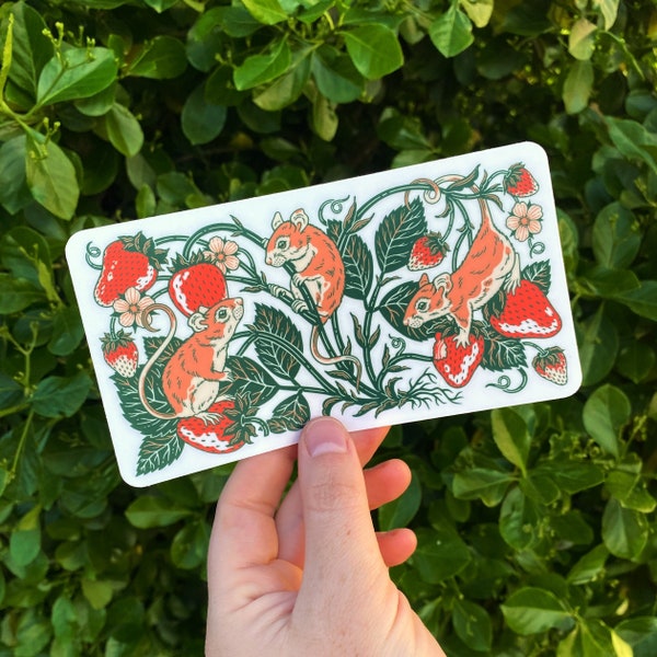 Strawberries & Mice Sticker - Large Vinyl 6x3 inch Sticker - Cottage Core Garden - Transparent Option - Cute, Animal, Nature, Floral, Fruit