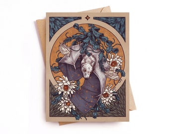 Bat Greeting Card - Astral Bat Illustrated Artwork - Single A2 Greeting Card - Floral Botanical Card - Fall & October Gift - Halloween Art