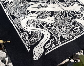 Floral Snake Bandana - Screen Printed - 100% Cotton - Nature Hair Scarf - Tarot Altar Cloth - Boho Tapestry - Botanical Handkerchief
