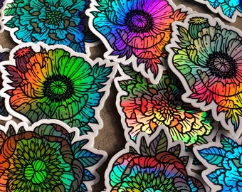 Rainbow Flower Sticker Pack - Peony + Marigold + Poppy Stickers - Vinyl Holographic Stickers - 3" Sticker Pack