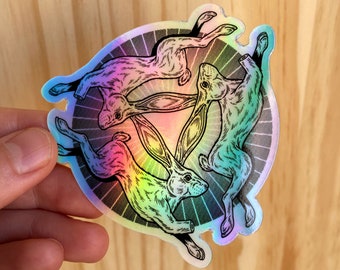 Konijn sticker - drie hazen sticker - vinyl holografisch - regenboog sticker - 3x3 sticker