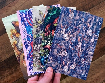 Lot de 5 cartes postales - Animaux illustrés - 4 x 6 cartes postales - Mini impressions d'art A6