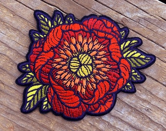 Peony Embroidered Iron on Patch - Embroidered Flower Patch - 3x3 Patch