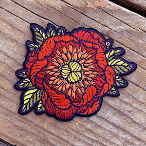 Peony Embroidered Iron on Patch - Embroidered Flower Patch - 3x3 Patch