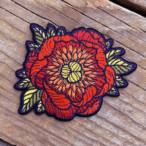 Peony Embroidered Iron on Patch - Botanical Flowers, Nature - Boho Art Nouveau - 3x3 - Jackets, Bags, Accessories