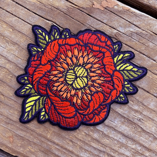 Pfingstrose gestickter Aufnäher zum Aufbügeln - Botanische Blumen, Natur - Boho Jugendstil - 90x30 cm - Jacken, Taschen, Accessoires