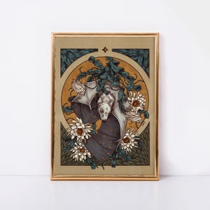 Fledermaus Kunstdruck - Illustriertes 5x7 kleines Kunstwerk - Astral Fledermaus Postkarte - Oktober, Herbst, Halloween Karte - Botanische Blumen Tier Malerei