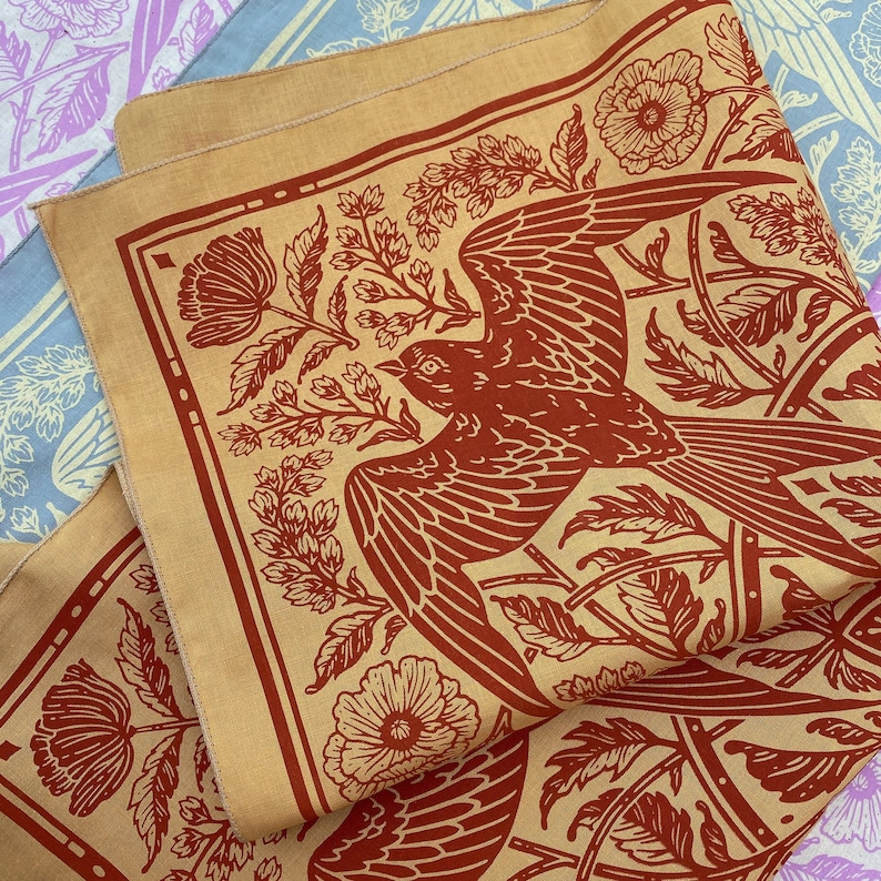 Barn Swallow Bandana Fawn Screen Printed Bandana Pattern Cotton Bird Bandana Wildflower Hair Scarf Tarot Altar Cloth image 1