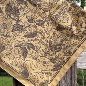 Thicket Bandana Walnut Screen Print 100% Cotton Floral Hair Scarf Boho Altar Cloth Botanical Nature Art Rose Chipmunk Rabbit image 7