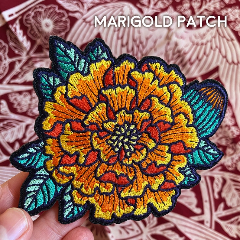 Flower Embroidered Iron on Patches Peony, Poppy, Marigold, Lotus 3x3 Patch floral patches Marigold