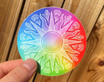 Rainbow Sun Sticker - Colorful Floral Sun Sticker - Vinyl 3x3 Circle Sticker