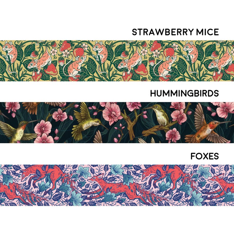 May include: Three horizontal rows of repeating patterns featuring different animals. The top row features a yellow background with red strawberries and mice. The middle row features a dark green background with pink flowers and hummingbirds. The bottom row features a pink background with blue flowers and foxes.