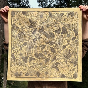 Thicket Bandana Walnut Screen Print 100% Cotton Floral Hair Scarf Boho Altar Cloth Botanical Nature Art Rose Chipmunk Rabbit image 2