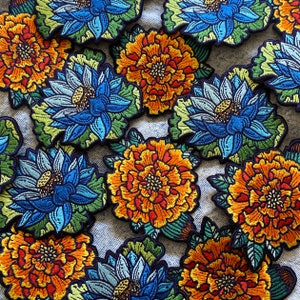 Flower Embroidered Iron on Patch - Lotus & Marigold - 3x3 - Floral, Botanical, Nature, Boho - Jackets, Bags, Accessories