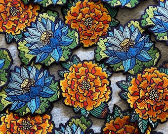 Flower Embroidered Iron on Patch - Lotus & Marigold Embroidered Patches - 3x3 Patch - Floral Patches