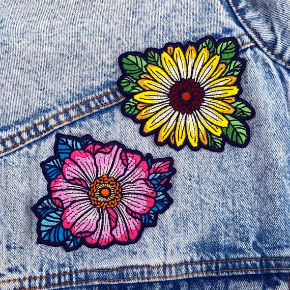 Flower Embroidered Patch - Wild Rose & Daisy Iron on Patches - 3x3 - Two Floral, Botanical, Nature, Boho - Jackets, Backpack, Accessories