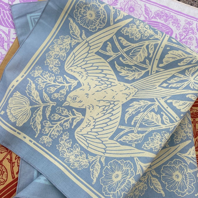 Barn Swallow Bandana - Screen Printed - 100% Cotton - Botanical Flower Hair Scarf - Tarot Altar Cloth - Boho Tapestry - Floral Handkerchief