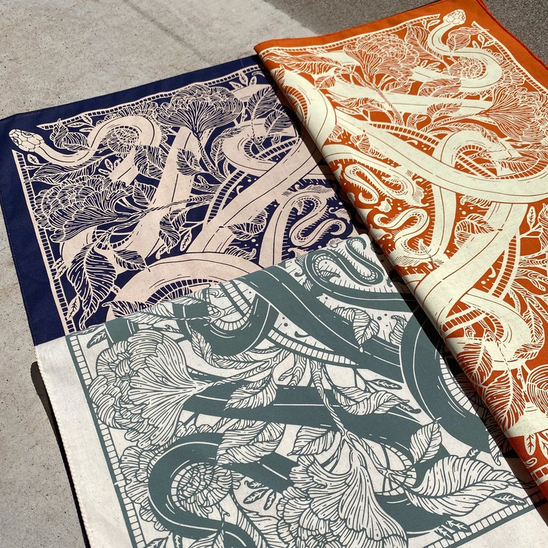 Floral Snake Bandana - Screen Printed - 100% Cotton - Nature Hair Scarf - Tarot Altar Cloth - Boho Tapestry - Botanical Art Nouveau Design