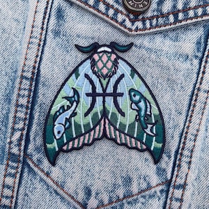 Pisces Zodiac Embroidered Patch - Astrology Moth & Butterfly Star Signs - Iron on Patch - Botanical, Boho, Nature - Jackets, Accessories