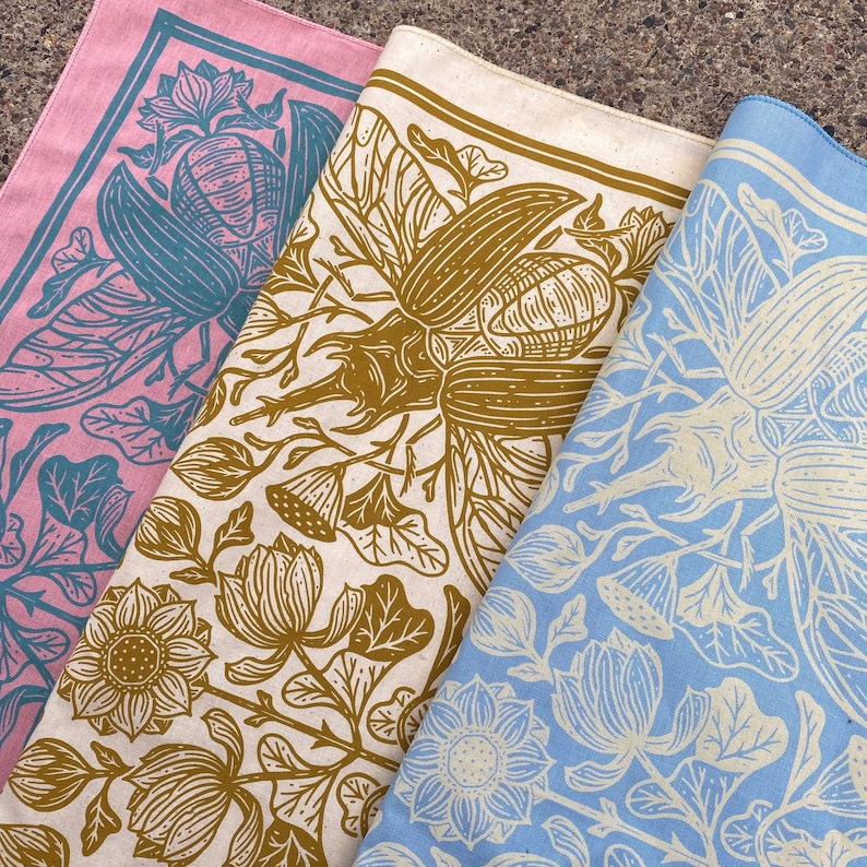 Lotus & Beetle Bandana - Screen Printed - 100% Cotton - Botanical Hair Scarf - Tarot Altar Cloth - Boho Tapestry - Floral Handkerchief