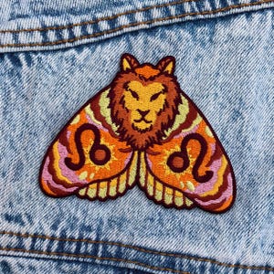 Leo Zodiac Embroidered Patch - Astrology Moth & Butterfly Star Signs - Iron on Patch - Botanical, Boho, Nature - Jackets, Accessories