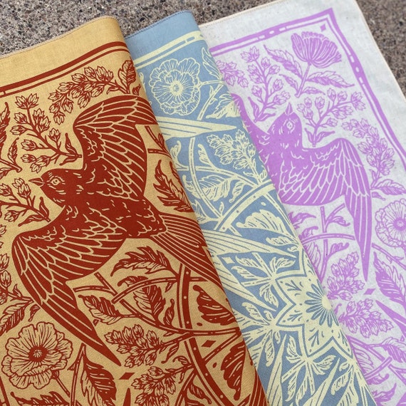 Barn Swallow Bandana - Screen Printed - 100% Cotton - Botanical Flower Hair Scarf - Tarot Altar Cloth - Boho Tapestry - Floral Art Nouveau