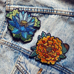 Flower Embroidered Iron on Patches Peony, Poppy, Marigold, Lotus 3x3 Patch floral patches image 7