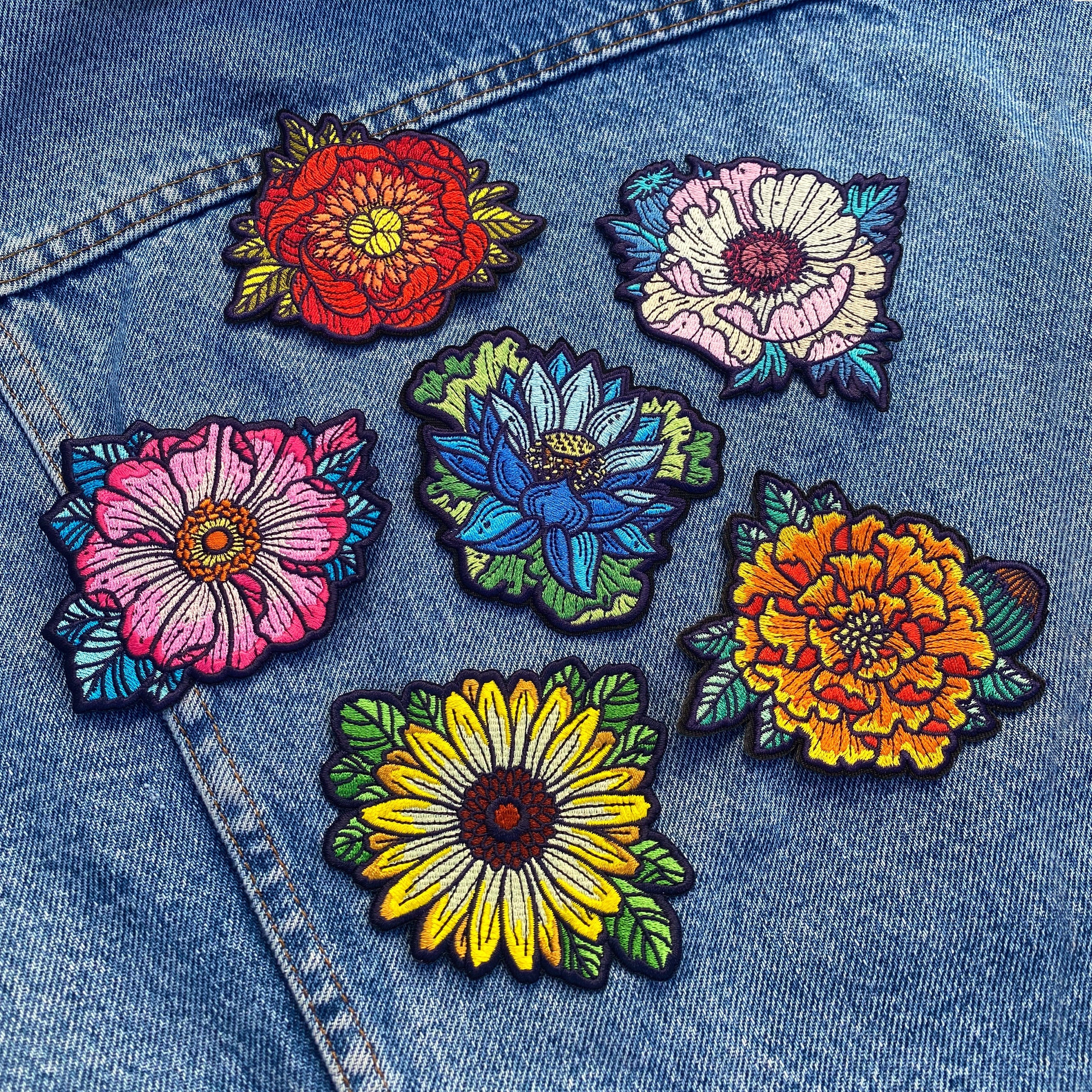 Flower Embroidered Iron on Patches - Peony, Poppy, Marigold