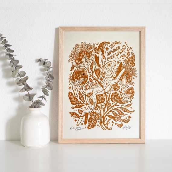 Rabbit Art Print - Onward Ever Upward  - 8.5x11 Inkjet Print - Floral Wall Art