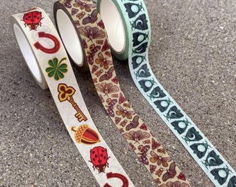 Washi Tape Set of 3 - Good Luck, Butterflies, Moths & Moons - Nature Paper Tape - Cute, Art Nouveau - Journaling, Scrapbooking, Arts, Crafts