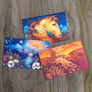 Pacote de 3 cartões postais - cartões postais ilustrados - Alpine, Bronco, Outlaw - cartões postais 4x6 - mini impressões artísticas A6