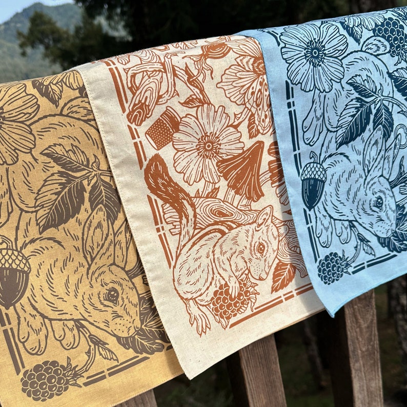 Thicket Bandana - Screen Print 100% Cotton - Floral Hair Scarf - Boho Altar Cloth - Botanical Nature Art - Rose Chipmunk Blackberry Rabbit