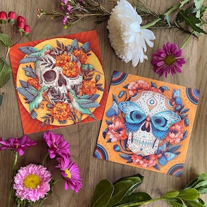 Day of the Dead Print Set - Día de Muertos Illustrations - 6x6 Mini Art Print - Hummingbird Colibrí - Butterfly Mariposa - Wall Art