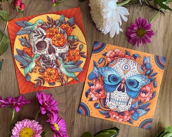 Day of the Dead Print Set - Día de Muertos Illustrations - 6x6 Mini Art Print - Hummingbird Colibrí - Butterfly Mariposa - Wall Art