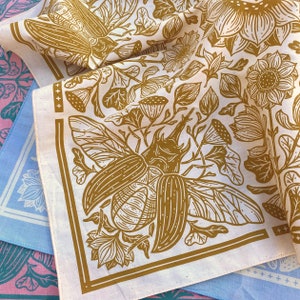 Lotus & Beetle Bandana - Saffron - Screen Printed Bandana Pattern - Cotton Bandanas - Botanical Hair Scarf - Tarot Altar Cloth