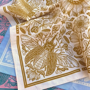 Lotus & Beetle Bandana - Saffron - Screen Printed Bandana Pattern - Cotton Bandanas - Botanical Hair Scarf - Tarot Altar Cloth