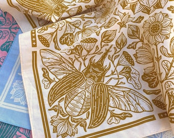 Lotus & Beetle Bandana - Saffron - Screen Printed Bandana Pattern - Cotton Bandanas - Botanical Hair Scarf - Tarot Altar Cloth