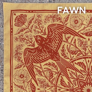 May include: A red bird with outstretched wings is depicted on a yellow fabric with a floral pattern. The fabric has the word "FAWN" printed in the top right corner.