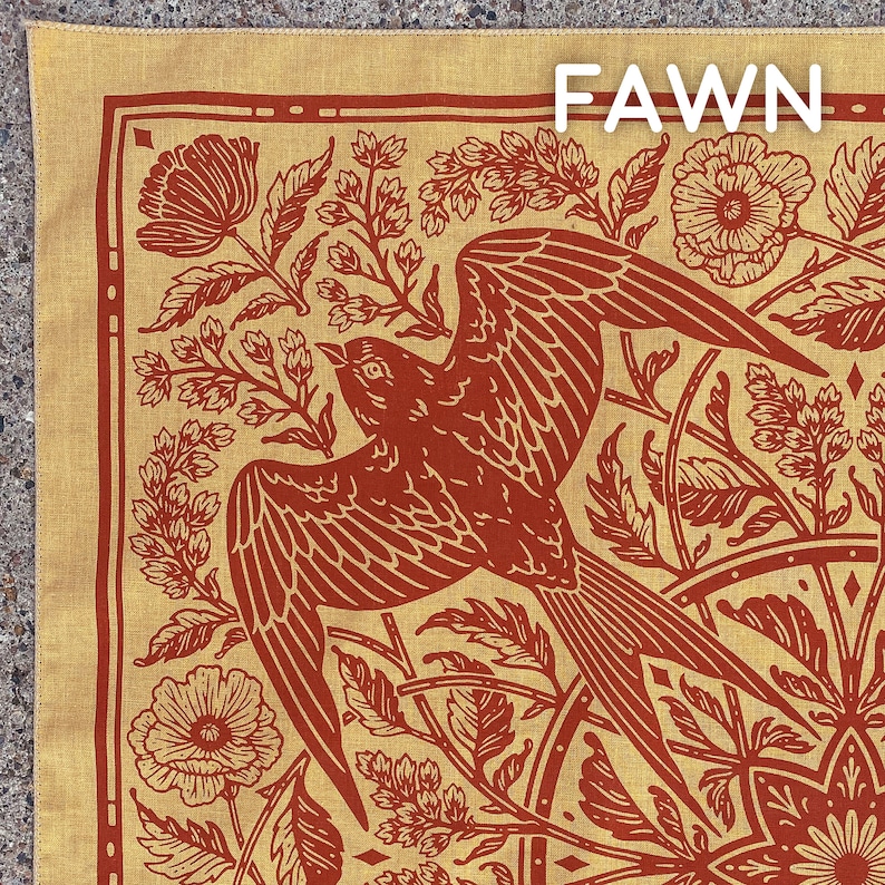 May include: A red bird with outstretched wings is depicted on a yellow fabric with a floral pattern. The fabric has the word "FAWN" printed in the top right corner.