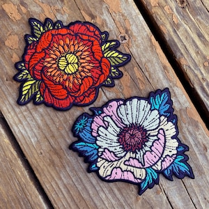 Flower Embroidered Iron on Patches Peony, Poppy, Marigold, Lotus 3x3 Patch floral patches image 6