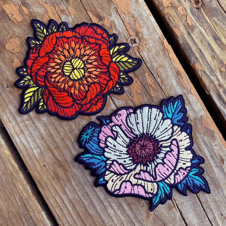 Flower Embroidered Iron on Patches Peony, Poppy, Marigold, Lotus 3x3 Patch floral patches image 6