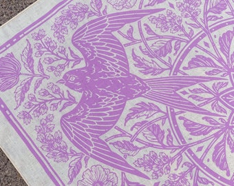 Barn Swallow Bandana - Lilac - Screen Printed Bandana Pattern - Cotton Bird Bandana - Wildflower Hair Scarf - Tarot Altar Cloth