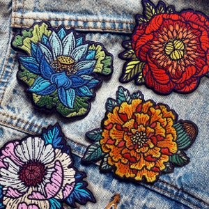 Flower Embroidered Iron on Patches Peony, Poppy, Marigold, Lotus 3x3 Patch floral patches All 4 Patches
