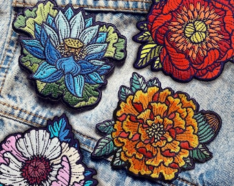 Flower Embroidered Iron on Patches - Peony, Poppy, Marigold, Lotus - 3x3 Patch - floral patches