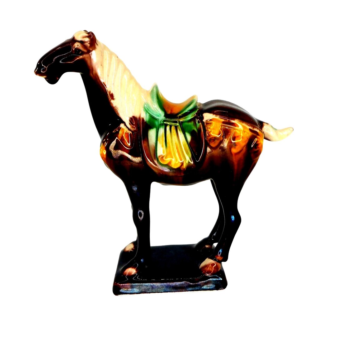 Vintage Chinese Tang Dynasty War Horse Figurine Brown Sancai Glaze