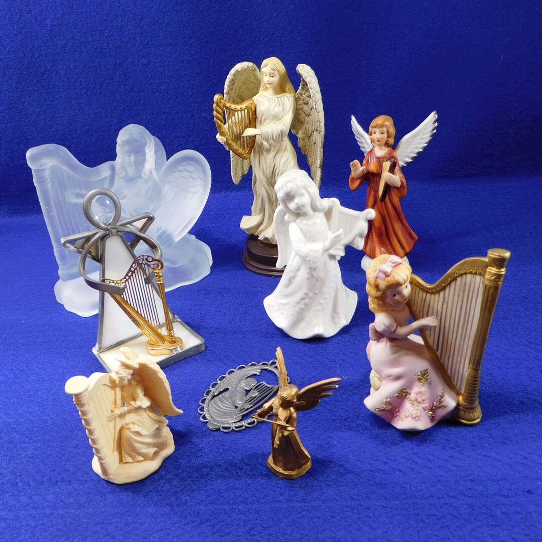 Vintage 9 Piece Angel Figurine Lot With Harps Etsy
